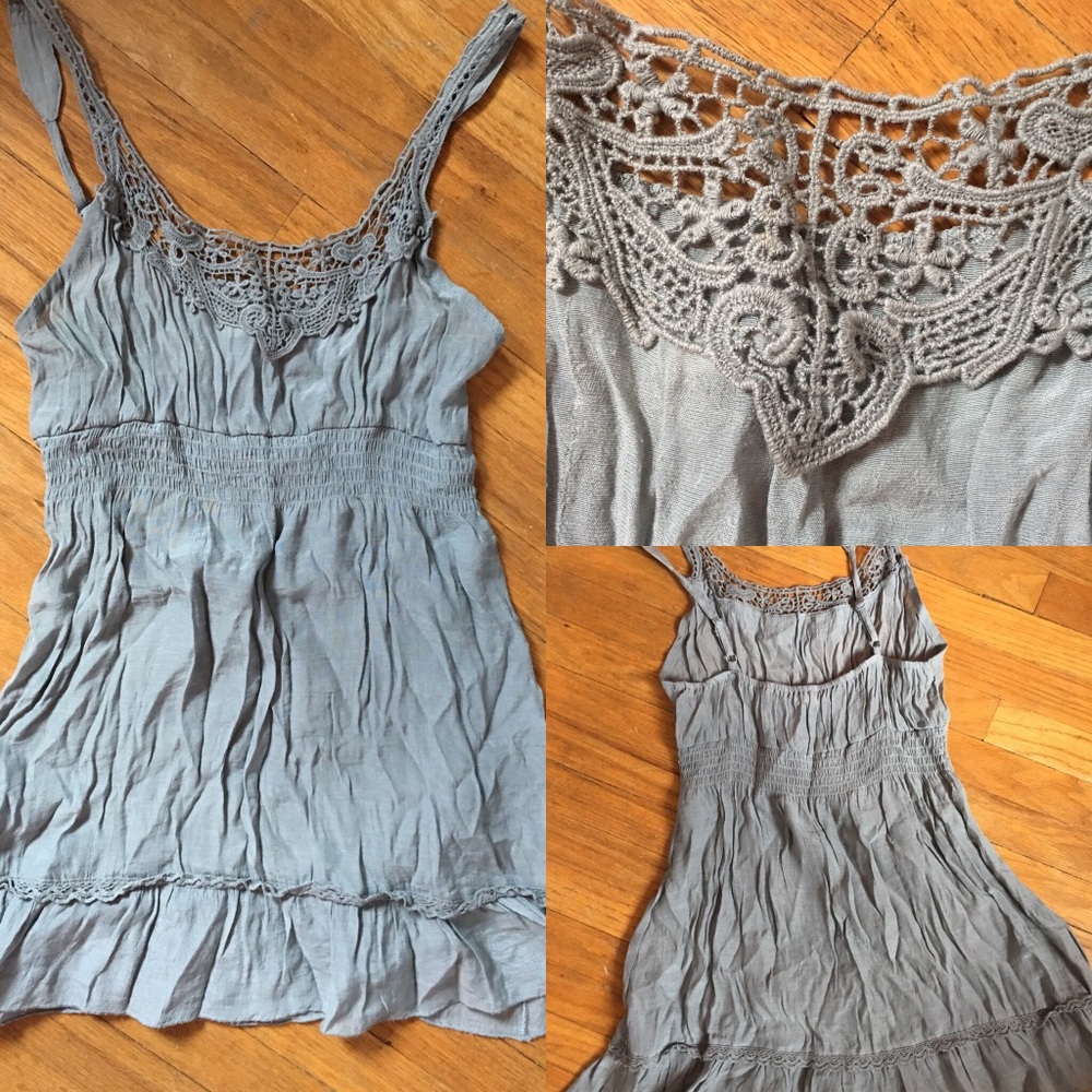 Gray Embroidered Linen Babydoll Tank